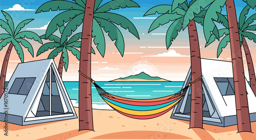 Tropical Beach Escape With Tents And Hammock Paradise Retreat