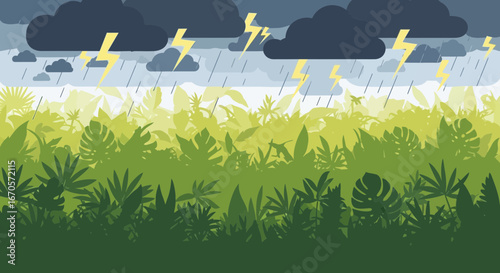 Thunderous Downpour Over Lush Green Jungle Canopy Nature Illustration