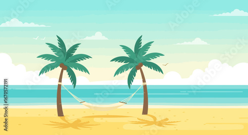 Tropical Beach Paradise Scene With Palm Trees And Hammock For Summer Vacation