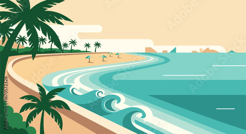 Tropical Beach Scene With Palm Trees And Rolling Waves In Modern Style