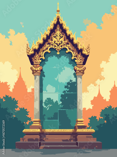 Bangkok, Thailand – Temple gable sign with gilt naga relief and mirrored glass tiles, teak base; palette: temple gold, mirrored teal, teak brown, sunset orange