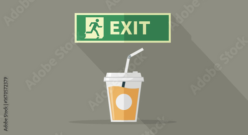 Time For a Quick Exit With a Fresh Drink Refreshment on a Grey Background