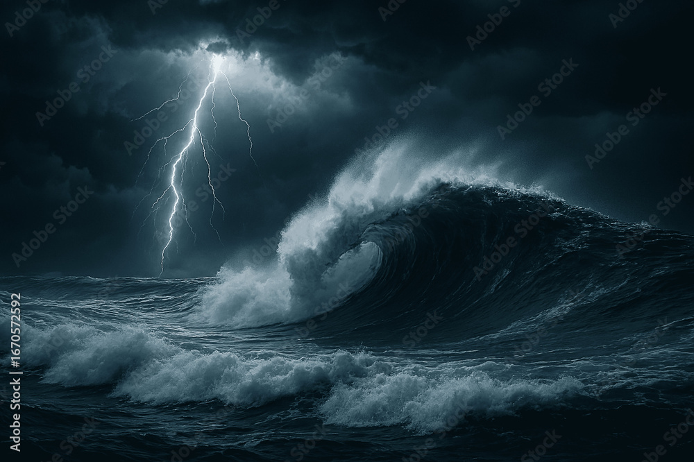Fototapeta premium Dramatic Thunderstorm Over the Ocean with Lightning