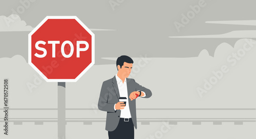 Time Management Urgency Person Checking Watch Near Stop Sign Illustration