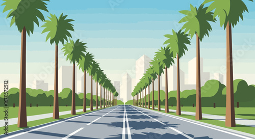 Tropical Boulevard Scenic Palm Lined Avenue Toward Urban Skyline Illustration