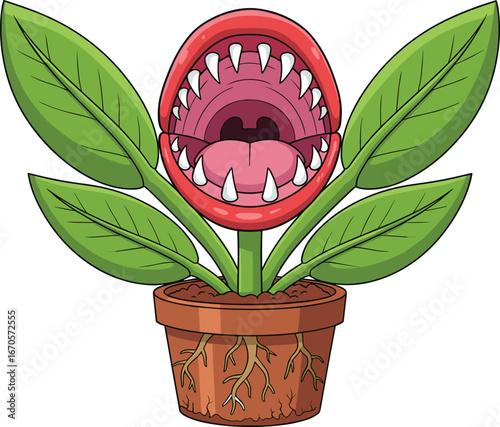 Cartoon carnivorous plant in flower pot, sharp teeth, pink tongue, green leaves, fantasy monster flora, vector illustration, animated, stylized, bold, expressive, isolated, creepy,