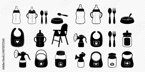 Collection of black and white vector icons representing baby feeding essentials and childcare items.