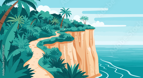 Tropical Cliffside Path with Lush Greenery and Turquoise Water Scenery