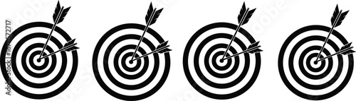 Cartoon target boards with arrows, bullseye accuracy, black and white concentric circles, precision symbol, success concept, vector illustration, stylized, isolated, bold, clean,