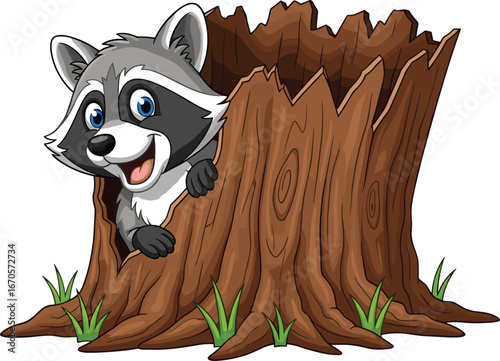 Cartoon raccoon in tree stump, cheerful forest scene, blue eyes, brown wood texture, green grass, playful animal character, vector illustration, animated, cute, stylized, isolated,