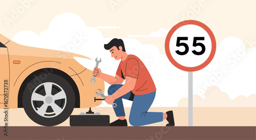 Tire Replacement Illustration: Repairing Car Issue With Speed Limit Background