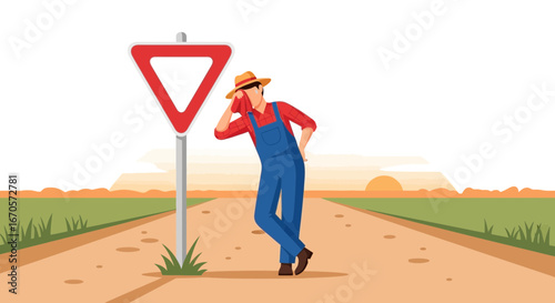 Tired farmer taking a break from work near yield sign on sunny country road