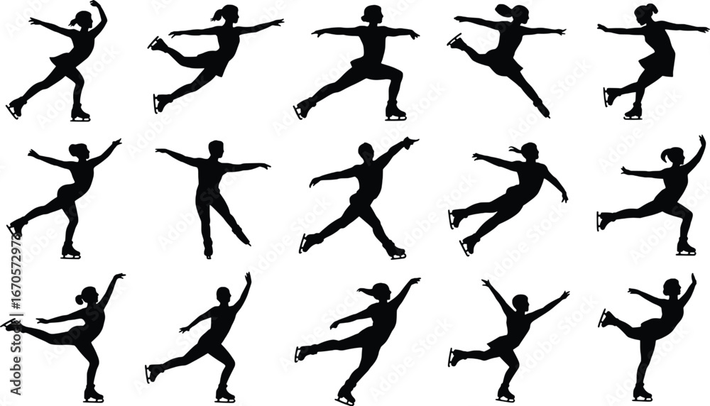 Naklejka premium Collection of silhouettes of figure skaters performing various moves
