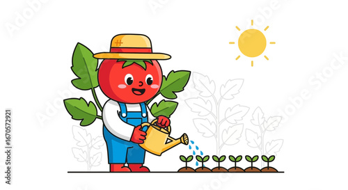 Tomato Character Watering Sprouts Under The Sunlight In The Garden