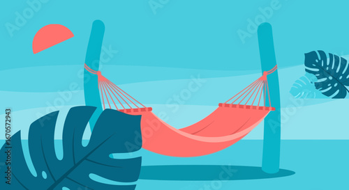 Tropical Hammock Relaxation Scene With Lush Foliage And Peaceful Seaside View