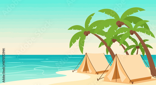 Tropical Getaway With Tent Camping On Sandy Beach Under Palm Trees