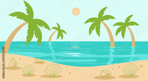 Tropical Island Beach With Palm Trees And Seashells In Flat Design Style