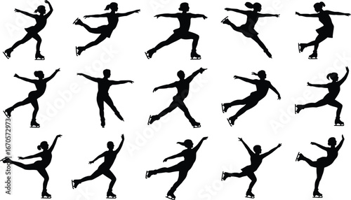 Collection of silhouettes of figure skaters performing various moves