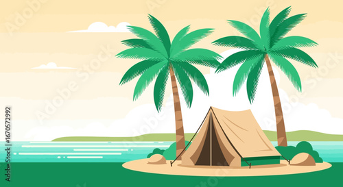 Tropical Island Camping Adventure Under Palm Trees On A Sandy Beach