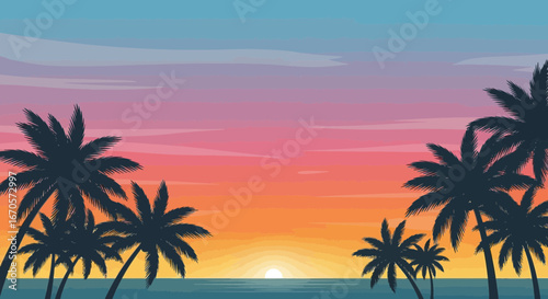 Tropical Island Getaway With Colorful Sunset And Palm Trees Silhouettes Scene