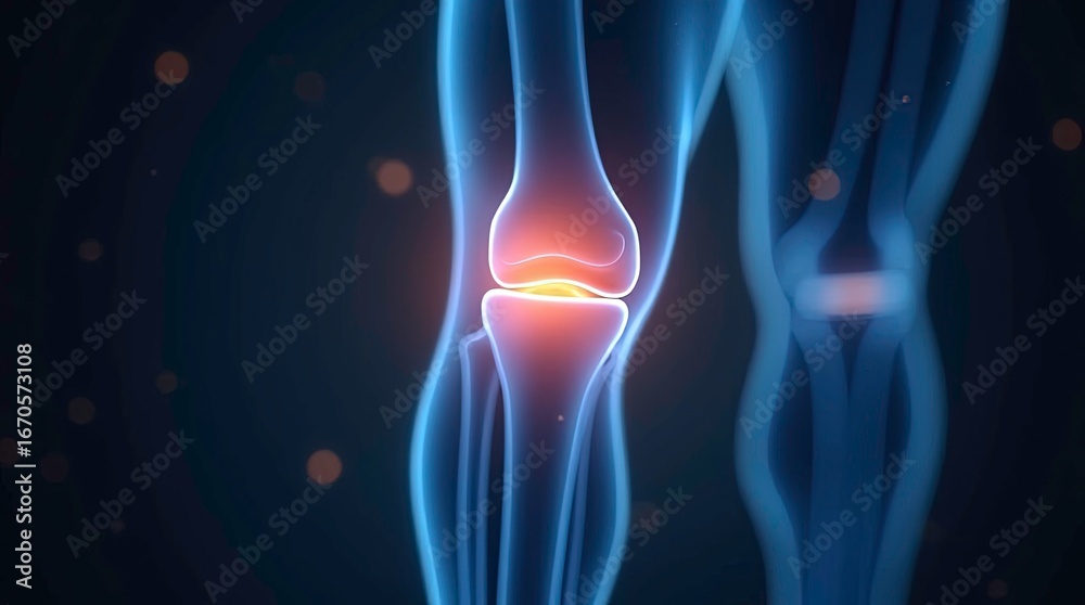 Naklejka premium Stunning 3D render of a human knee joint with glowing red inflammation, medical science concept