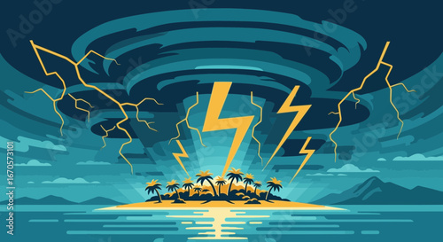 Tropical Island Under Severe Thunderstorm With Lightning Strikes Illustration
