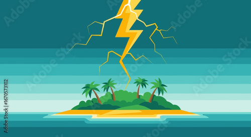 Tropical Island Struck By Lightning During Cartoon Hurricane Season