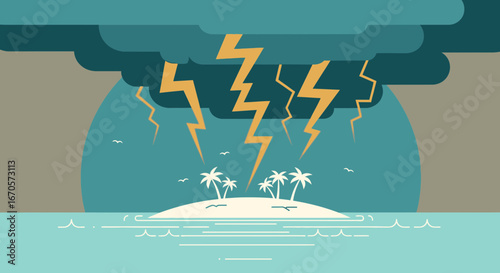 Tropical Island Under Severe Thunderstorm With Palm Trees Silhouette Graphic