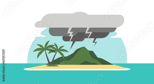Tropical Island Under Storm Illustration With Thunderstorm Cloudscape Graphic