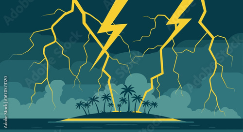 Tropical Island Under Stormy Sky with Bright Lightning Thunder Strikes Background
