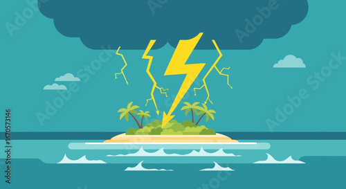 Tropical Island Under Threat With Storm And Lightning In Ocean Illustration