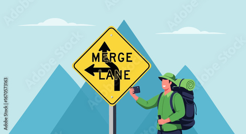 Tourist Takes A Selfie At The Merge Lane Directional Roadside Sign Board