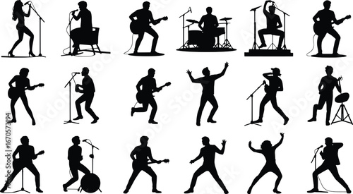 Silhouettes of musicians performing live on stage with instruments
