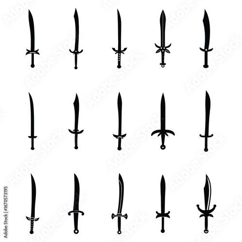 set of silhouettes of sword vector