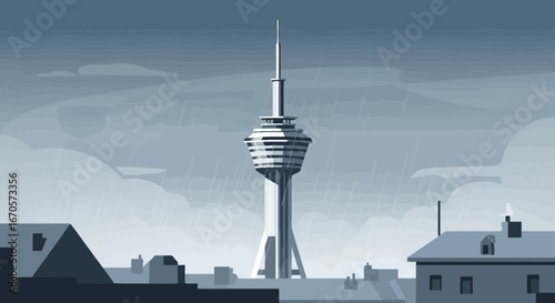 Towering Structure Underneath a Gloomy Sky With Rain Falling Down