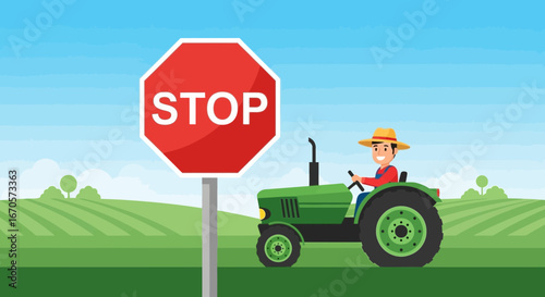 Tractor Driver Observes A Stop Sign While Plowing His Field On A Sunny Day