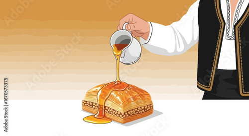 Traditional Baklava Dessert Is Being Served By A Person In National Costume