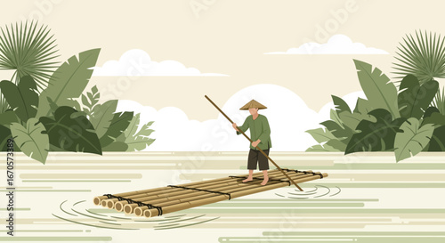 Traditional Bamboo Raft Journey On Tropical River Illustration