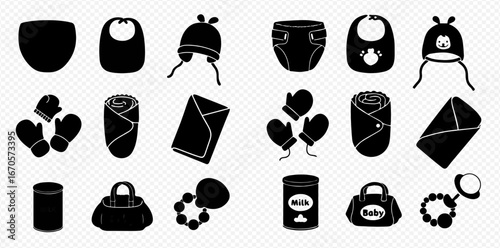 Black and white silhouette illustrations of baby items, including clothing, accessories, and feeding supplies.