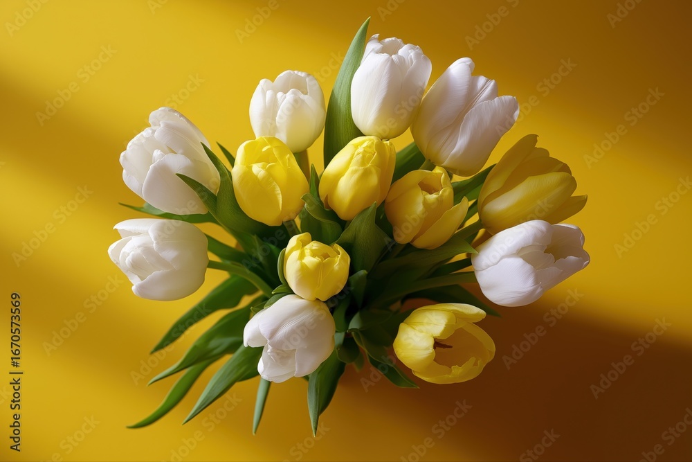 Fototapeta premium Elegant white and yellow tulips arrangement on vibrant yellow background