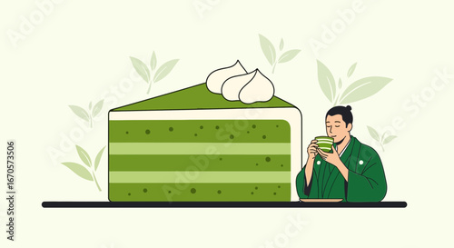 Traditional Japanese Man Enjoys Matcha Cake And Green Tea Drink In A Zen Moment
