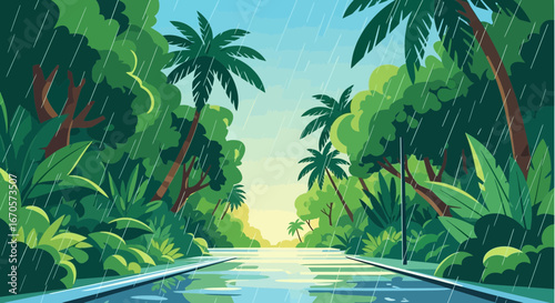 Tropical Rainforest Landscape Scene With Heavy Rain And Dense Vegetation