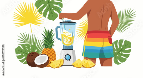 Tropical Refreshment Man Preparing a Pineapple Smoothie In Paradise