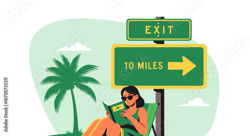 Tropical Retreat Reading Beside an Exit Sign with Palm Tree Illustration