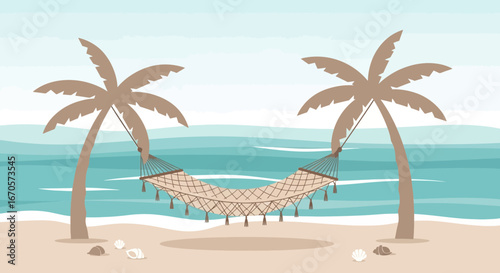 Tropical Relaxation With Hammock Between Palm Trees On Exotic Beach
