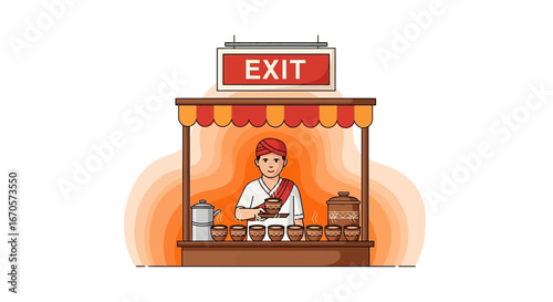 Traditional Javanese Tea Seller in a Small Shop Offering Hot Drinks Exit Sign