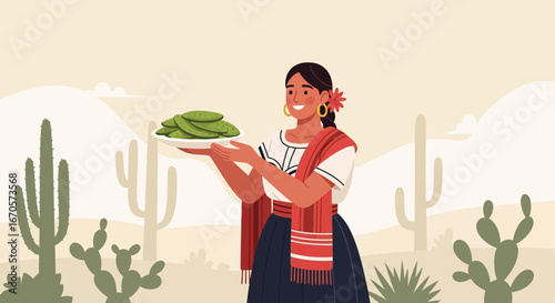 Traditional Mexican Nopales Dish Woman Offering Authentic Culinary Experience