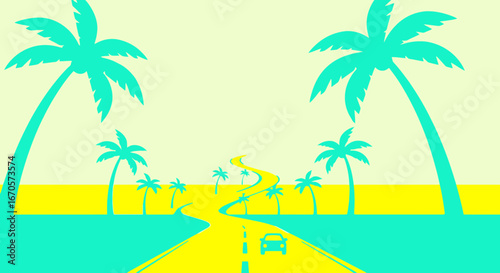 Tropical Road Trip Illustration with Palms and Winding Highway in Vibrant Colors