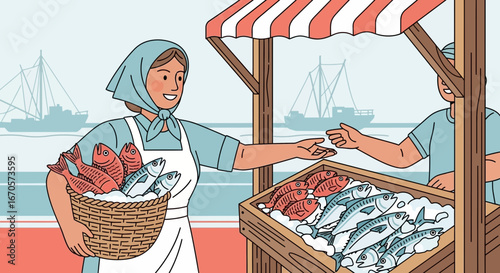 Traditional Seaside Fish Market with Fresh Catch from Fishing Boats