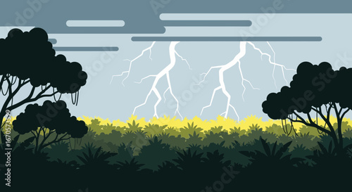 Tropical Stormy Landscape With Lightning Striking Over Green Vegetation